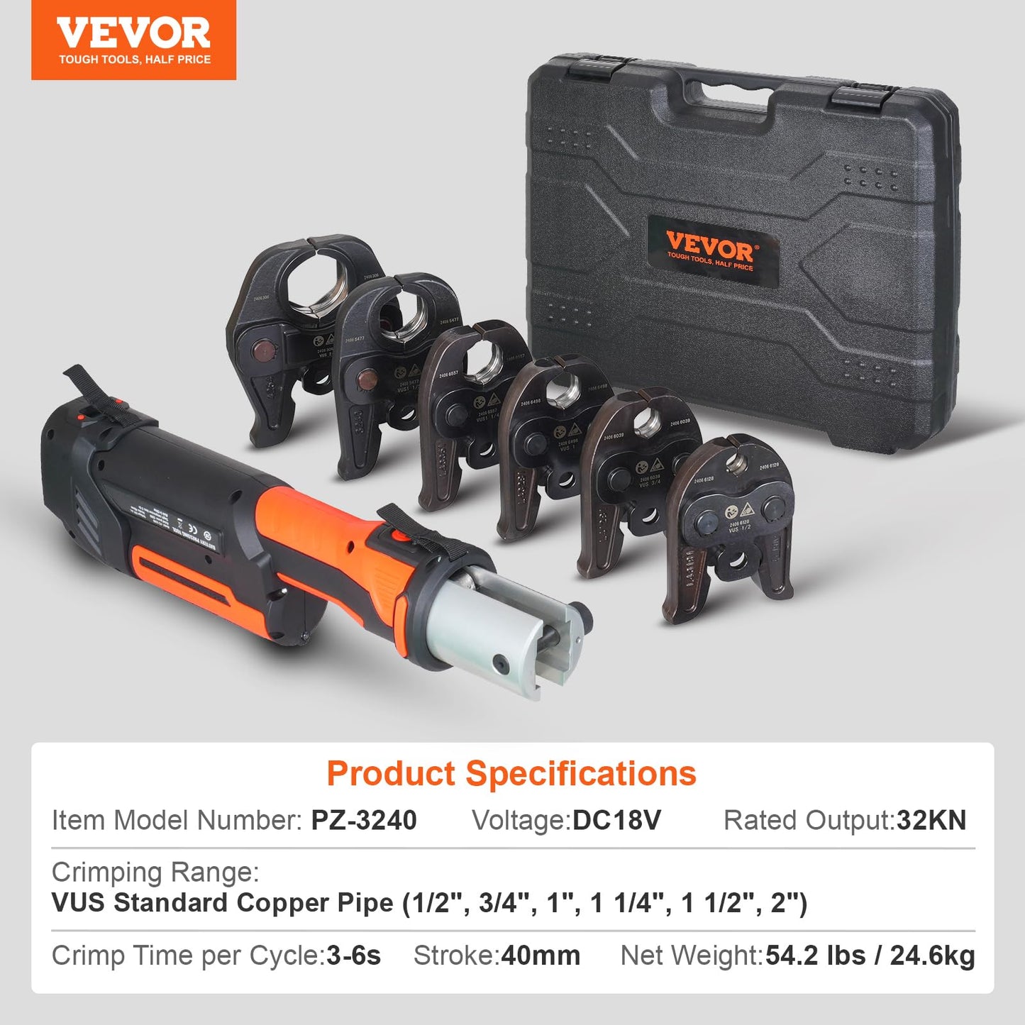 VEVOR Press Tool, 18V Electric Pipe Crimping Tool for 1/2”, 3/4”, 1”, 1 1/4", 1 1/2", 2" Copper Pipes, 32KN Press Tool Kit Compatible with ProPress - with Brushless Motor, 6 VUS Jaws, 2pcs 4AH Battery