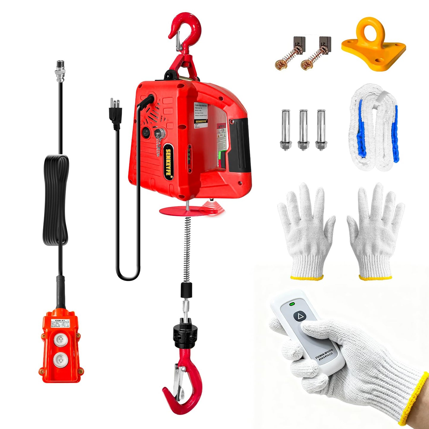 SENKEYFE Power Electric Portable Hoist Winch 1100LBS, 3 in 1 Electric Cable Hoist 110V 25 FT with Lifting Strap, Electric Hoist Lift Ceiling Winch for Lifting Towing(Red)