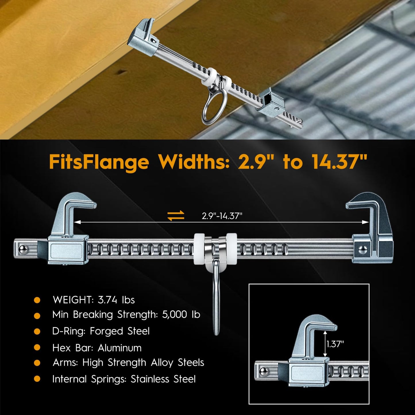 Portable Aluminum Horizontal Sliding Beam Anchor - Adjustable to Fit I or H Fall Protection Beam Anchor with Flange Widths 2.9" to 14" - Easy Installation, Meets or Exceeds ANSI & OSHA