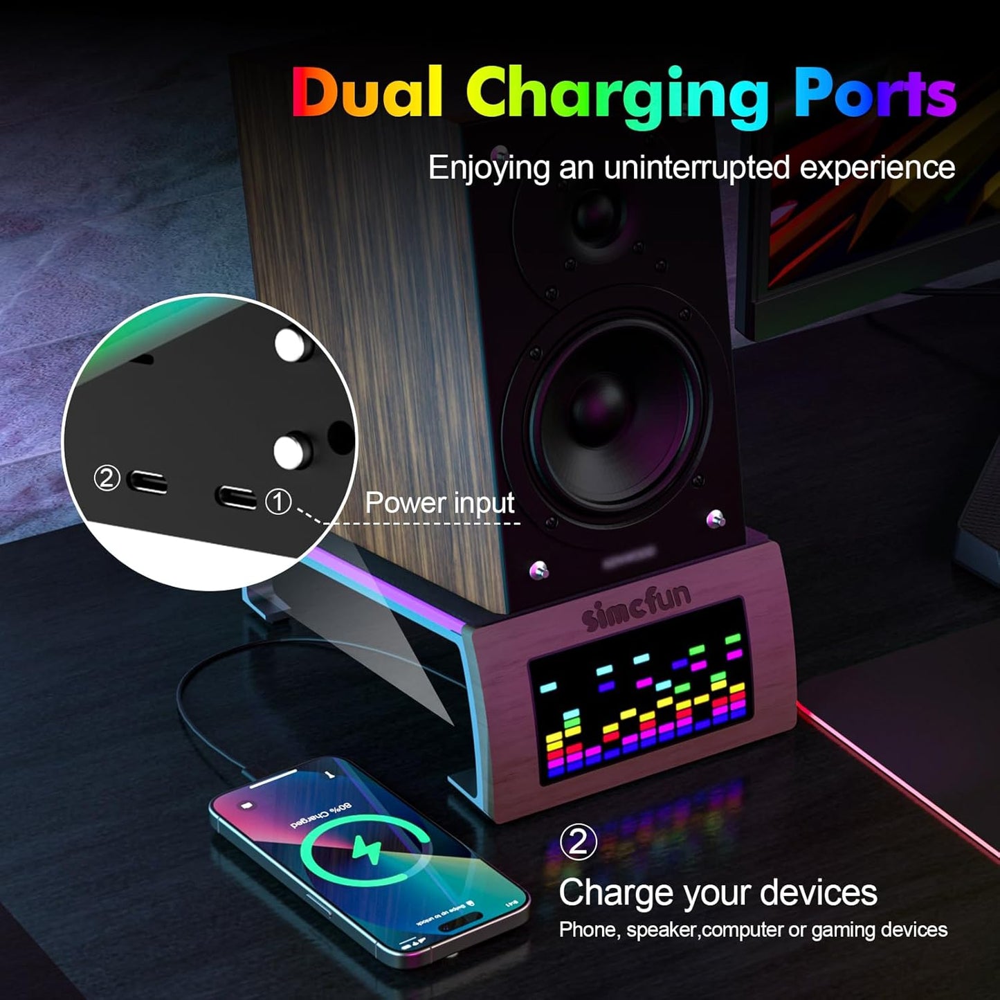 SIMCFUN Desktop RGB Tilt Speaker Stands with Dynamic LED Spectrum Analyzer-Vibration Absorption Pad-Small and Medium