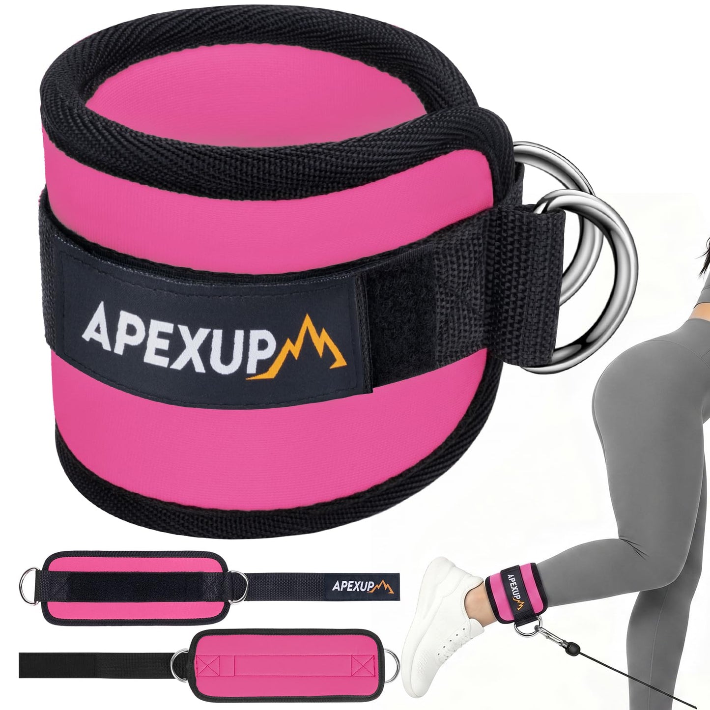 APEXUP Ankle Strap for Cable Machine, Ankle Resistance Bands, Cable Kick Back Straps for Gym, Glute Workouts, Leg Extensions, Adjustable Straps with Neoprene Padding (Pair, Rose Red)