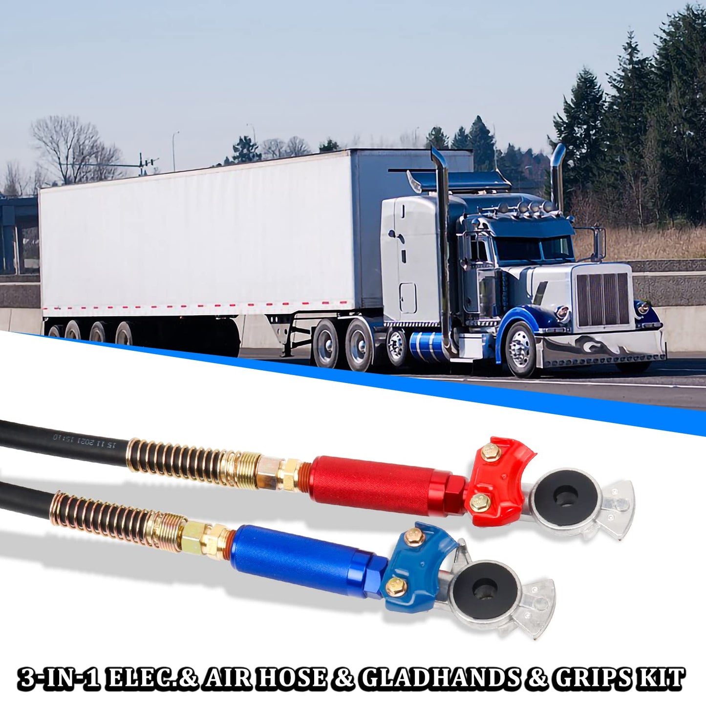 YiaChuii 15ft 3 in 1 ABS & Power Air Line Hose with Glad Hands & Gladhand Handles for Tractor Trailer Semi Truck