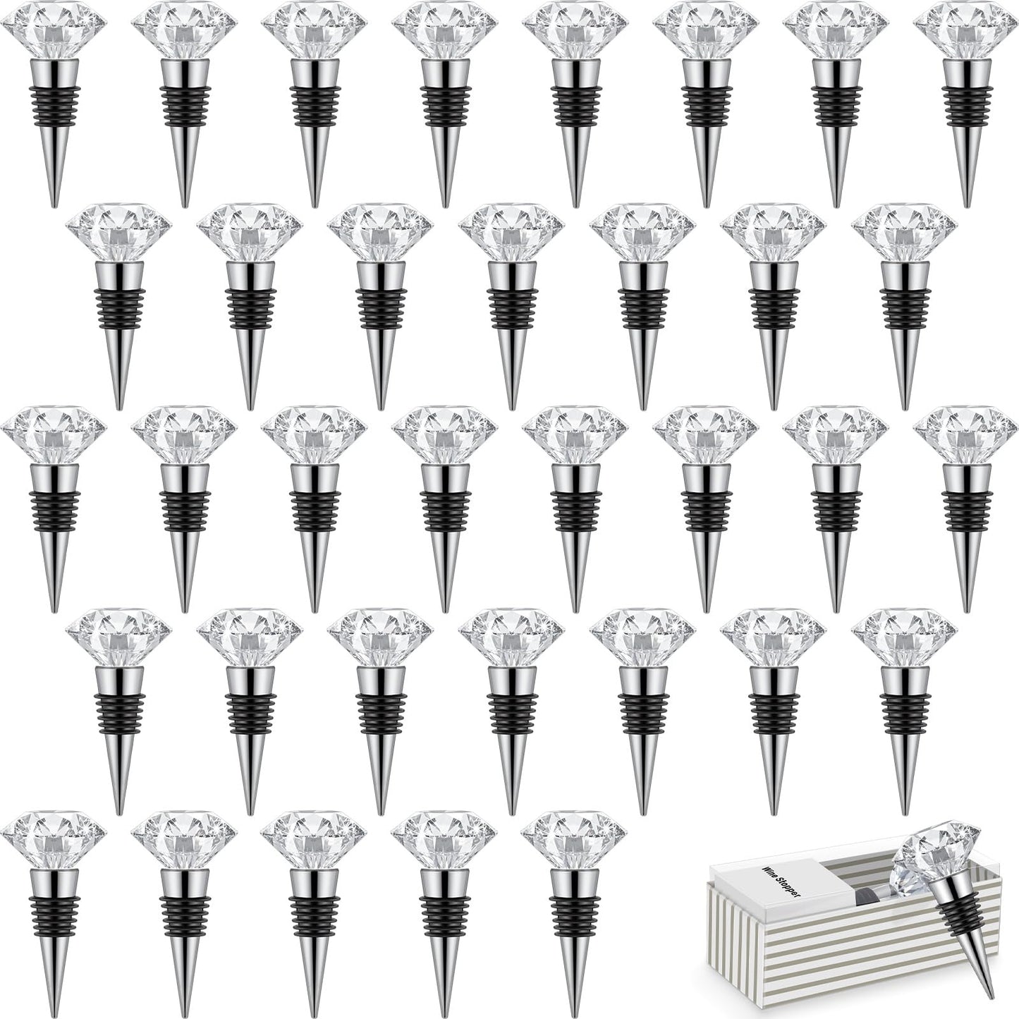 36 Pieces Crystal Wine Bottle Stopper Wine Stoppers Reusable Diamond Plug Beverage Corks Decorative Stopper Kits with Individual Present Box for Parties Wedding