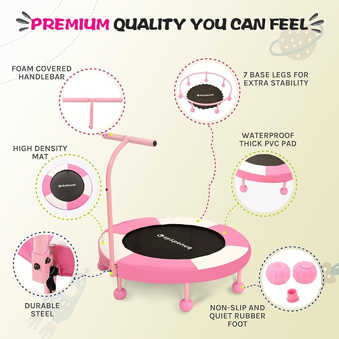 SkyBound 36 Inch Indoor Trampoline for Kids - Kids Trampoline Indoor with Handle - Toddler Trampoline with Upgraded 2.0mm Steel Pipe and Handlebar - Mini Indoor Trampoline for Kids Age 3 and Above