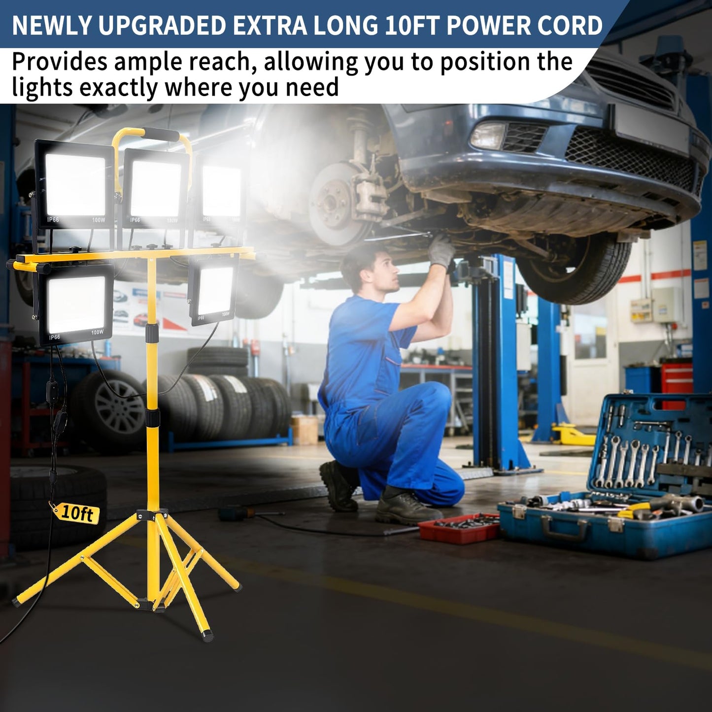 50000LM LED Work Light with Stand, 5-Head Tripod Work Light with 3000K-6500K Dimmable, 3 Modes Portable Light for Construction Site, Garage, Workshop, Job Site, Emergency Lighting