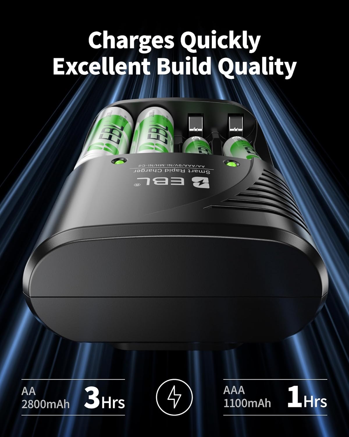 EBL 4-Bay 4 Count, Battery Charger for AA & AAA Rechargeable Batteries with Rechargeable AA NiMh Batteries, Battery