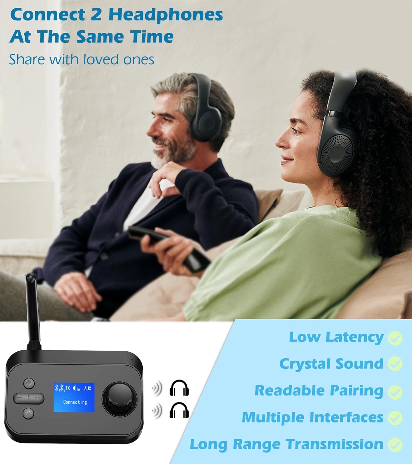 KAIY 3.5mm/Optical/TF Bluetooth Transmitter for TV Dual Headphones, Bluetooth Adapter for TV LCD Display Adjustable