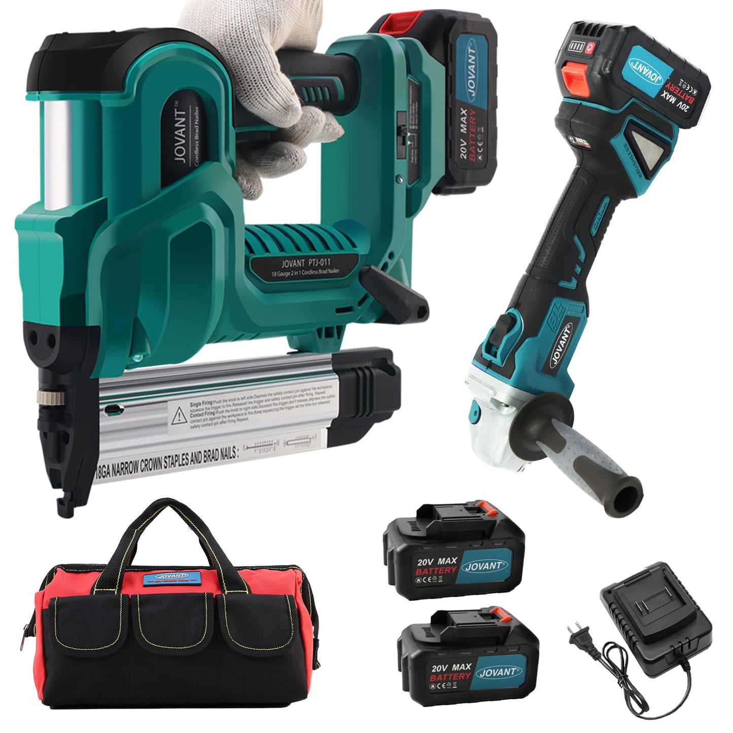 Cordless 18GA Nail Gun and 7/8" Angle Grinder, 2 in 1 Brad Nailer Cordless with 2 * 4.0A Batteries, for Woodworking, Flooring, Roofing and Upholstery JOVANT