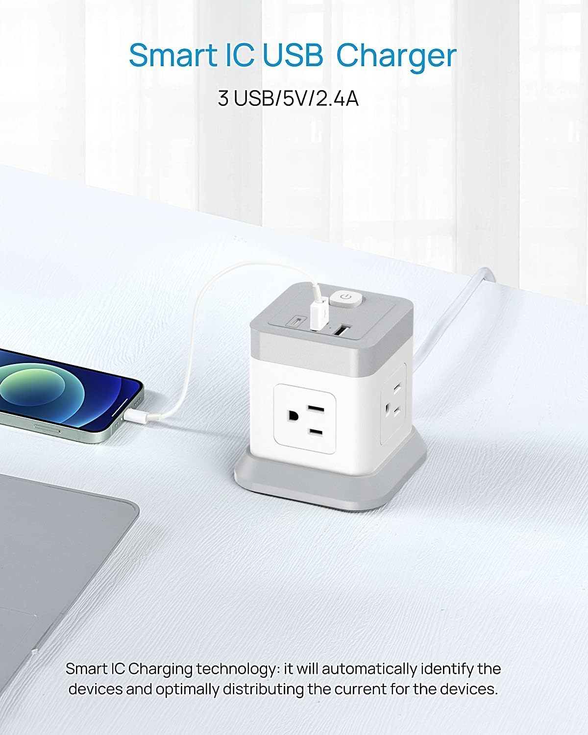 BEVA 5ft 4 3 Power Strip with USB - Long Extension Cord Desktop Charging Station, Power Strip Cube with Outlets and USB