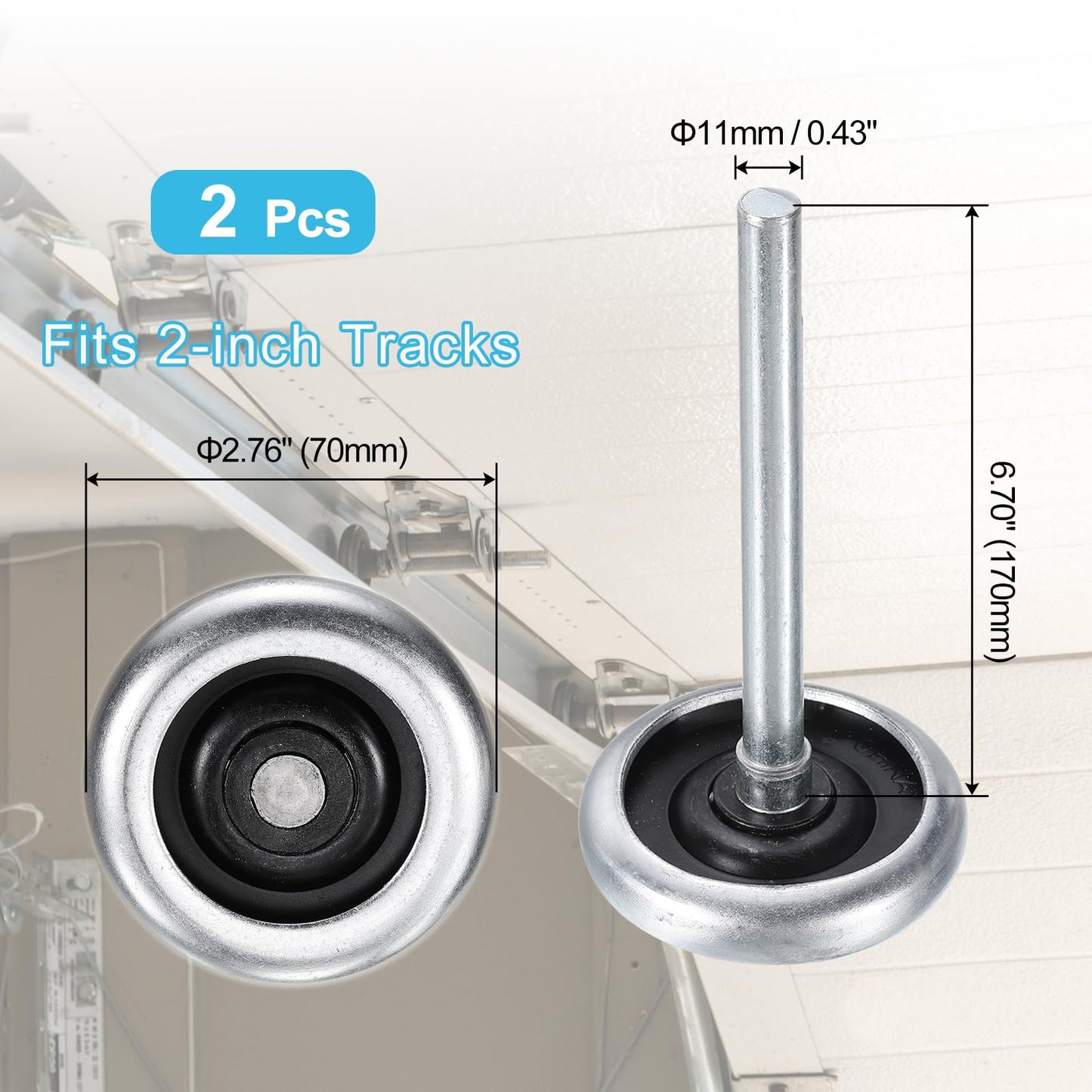 uxcell 2pcs 2.76" Zinc-Plated Steel Garage Door Rollers for 3" Garage Track, 7" Long Stem Quiet Garage Door Wheels, 10 Ball Bearings, Silver