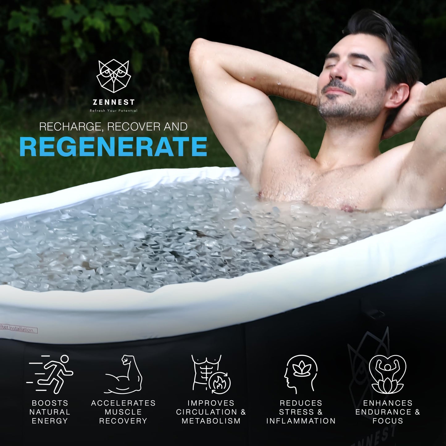 Zennest Patented XL Inflatable Oval Ice Bath Tub for Athletes – 140 Gal Insulated Cold Plunge Tub, Chiller Compatible, Dual-tub Air-Cavity Max Insulation & Ultra-Firm 8-Stand Frame - Cold Plunge Pool