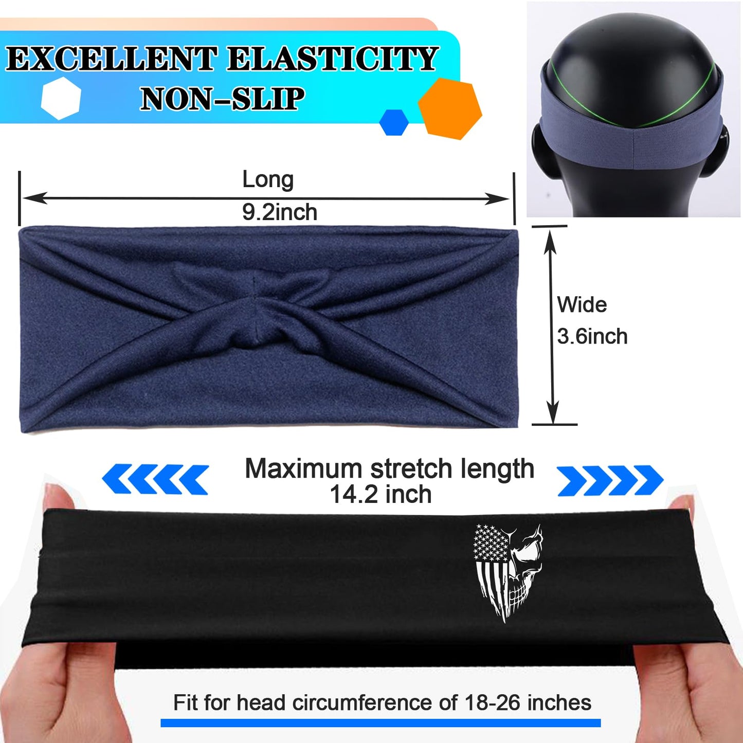 Sweat Bands Headbands Men Sport Headbands Sweatbands for Men 3 Pcs American Flag Skull Cooling Headband Mens Workout Head Bands for Sweat Elastic Hairband for Running Tennis Gym Hiphop