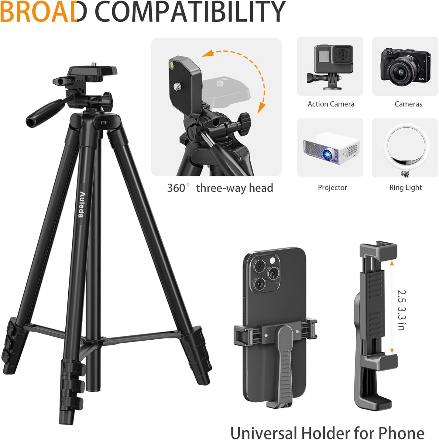 Auleda 60 6.6 LB Camera Tripod Lightweight Travel Tripod Stand Compatible with Canon Nikon DSLR Cameras with Wireless