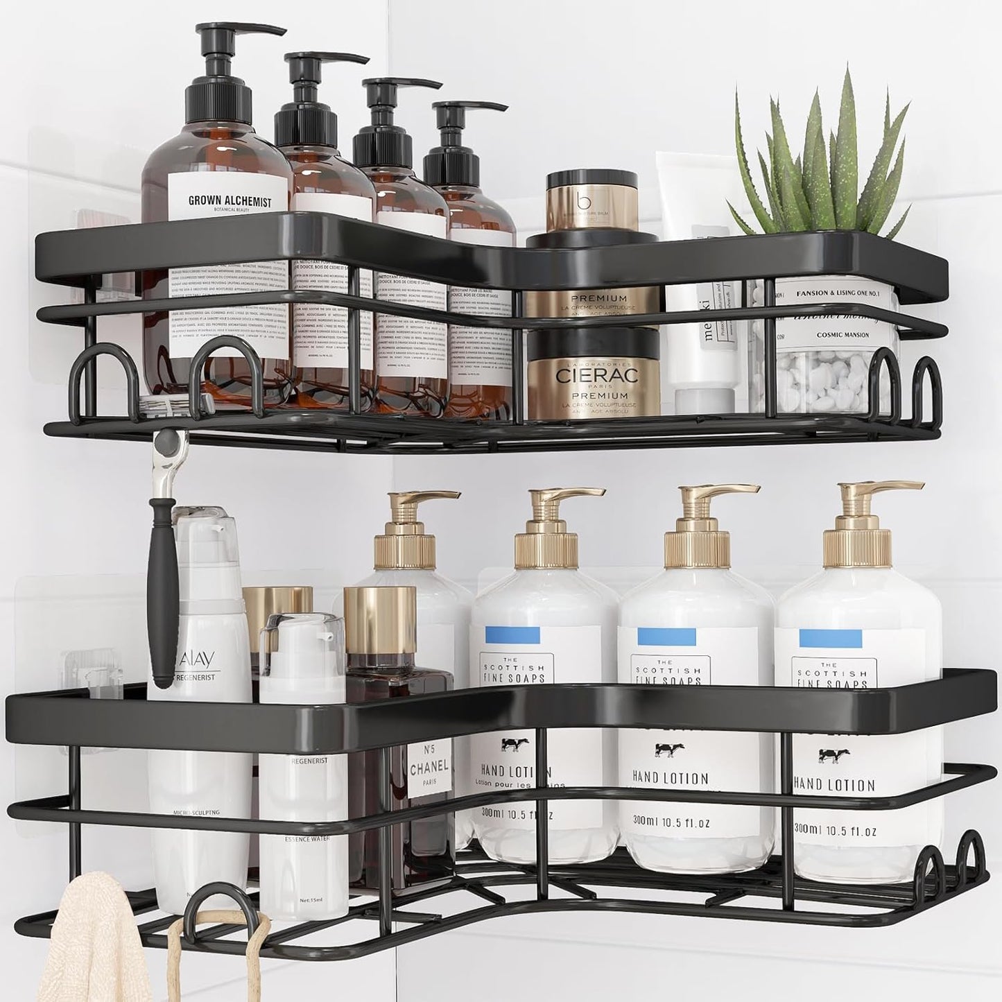 Sakugi Corner Shower Caddy - Rustproof Stainless Steel Organizers with 8 Hooks | No Drilling, Space-Saving, Black, 2 Pack