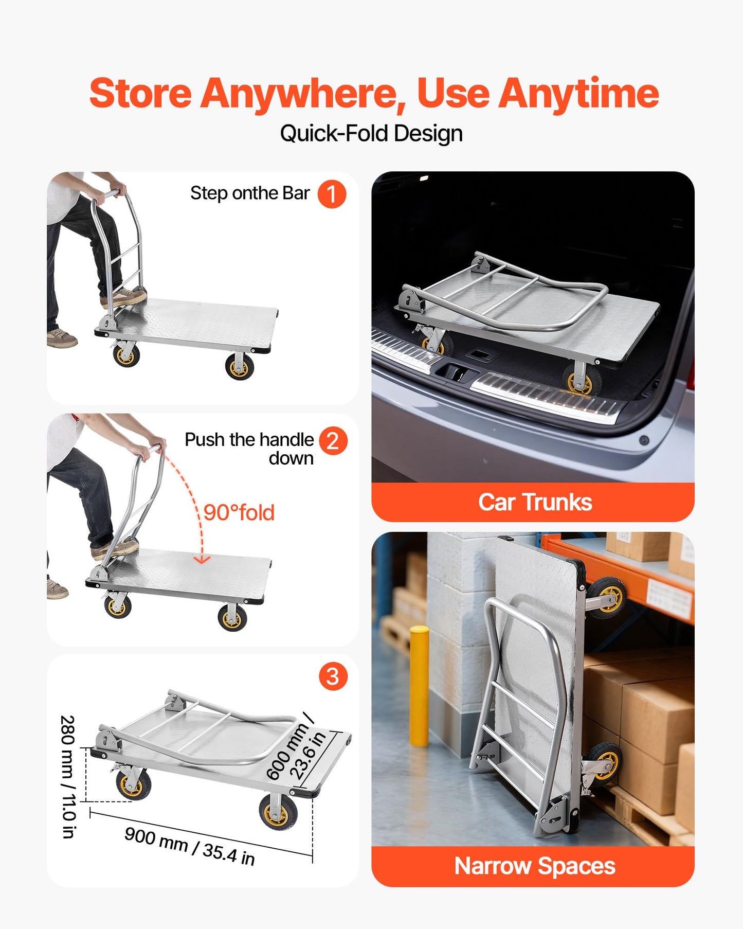 VEVOR Heavy Duty Platform Truck, 2000 LBS Steel Large Flatbed Cart with 360° Swivel Wheels & Brakes, Foldable Platform Hand Push Truck Dolly for Easy Storag/Groceries/Garage/Warehouse (36" X 24")