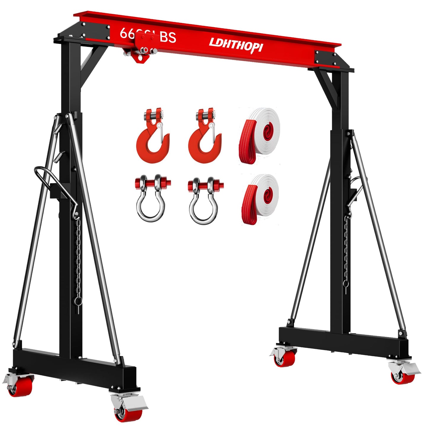 LDHTHOPI 3 Ton Gantry Crane, 6600LBS Adjustable Gantry Crane with 8.53-12.47ft Height, Shop Lift Hoist with Manual Trolley, Hook & Shackles for Warehouse, Factory,Auto Repair & Construction, Red
