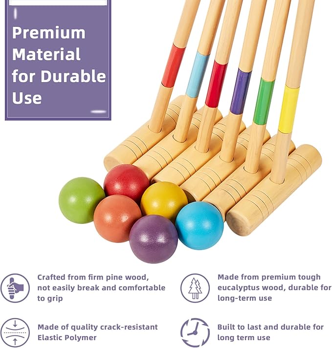 ApudArmis 35In Six Players Croquet Set with Deluxe Premiun Pine Wooden Mallets,Colored Ball,Wickets,Stakes - Lawn Backyard Game Set for Adults/Teens/Family (Large Carry Bag Including)