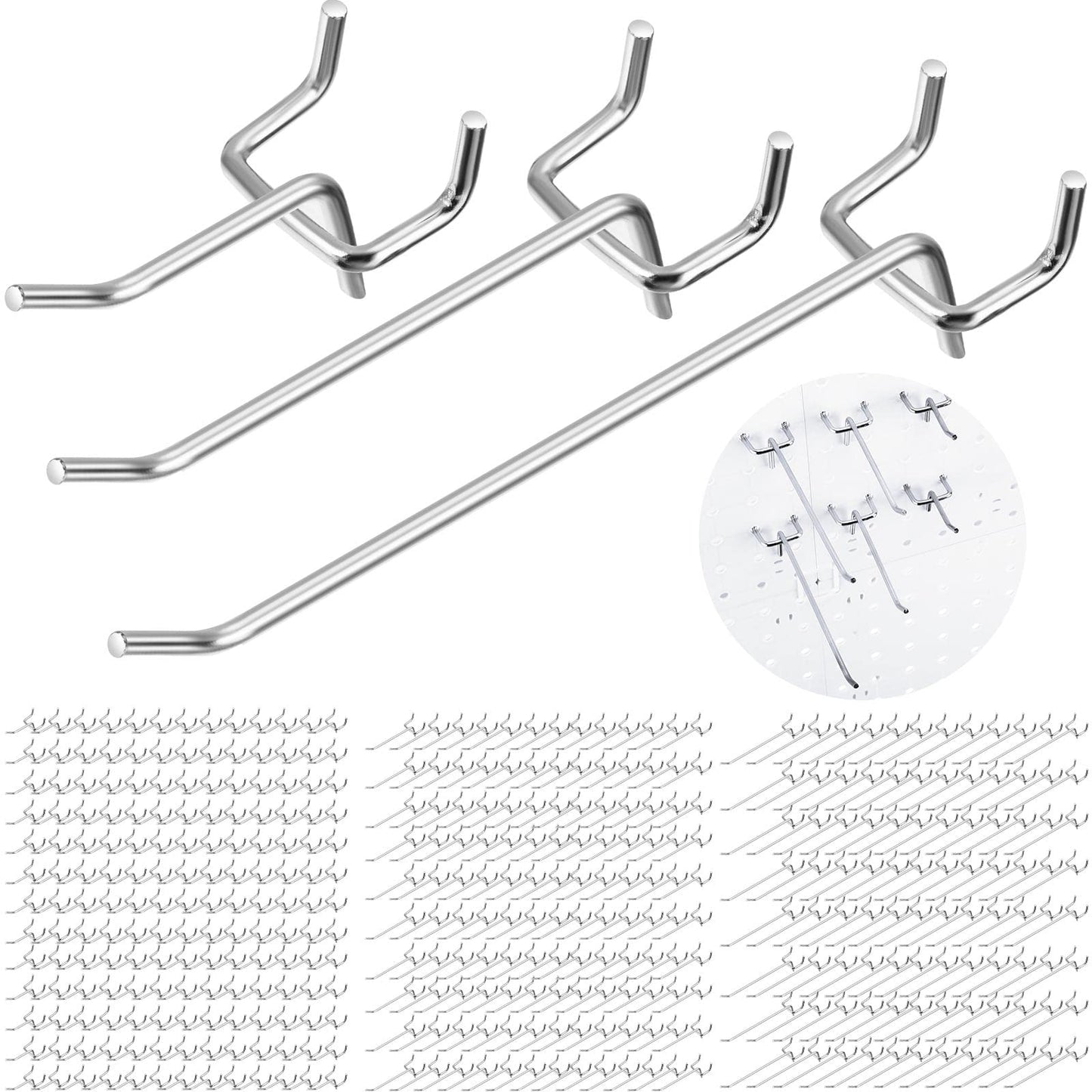 Hicarer 200 Pcs Stainless Steel Pegboard Hooks Multiple Sizes Fit 1/4" or 1/8" Pegboard Ideal for Garage Tool Organization, Wall Storage(2 Inch, 4 Inch, 6 Inch)
