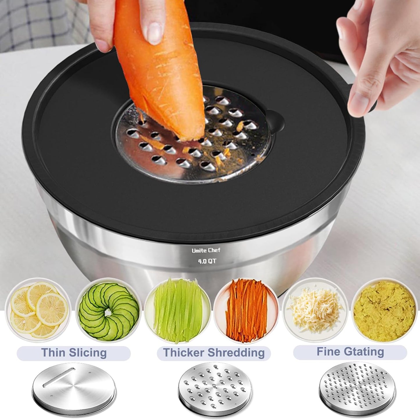 Umite Chef Mixing Bowls - 8PCS Stainless Steel Set with Airtight Lids & Non-Slip Bottoms | Black, 1.5QT to 5QT