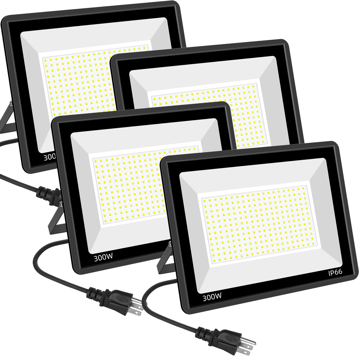 4Pack 300W LED Flood Lights Outdoor, 1800W IP66 Waterproof Exterior Security Lights,Work Light with 6FT US Plug,5000K Daylight White Outside Floodlights Slim Design for Playground Court Stadium