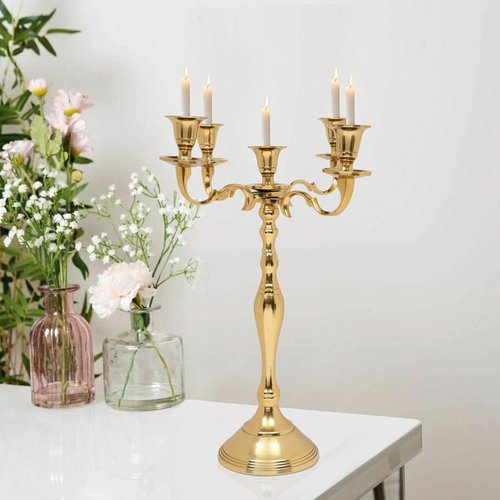 Metal Candelabra | Five Arm Decorative Candlestick Holder - 16 Inch Tall - Elegant Gold Centerpiece for Weddings & Events