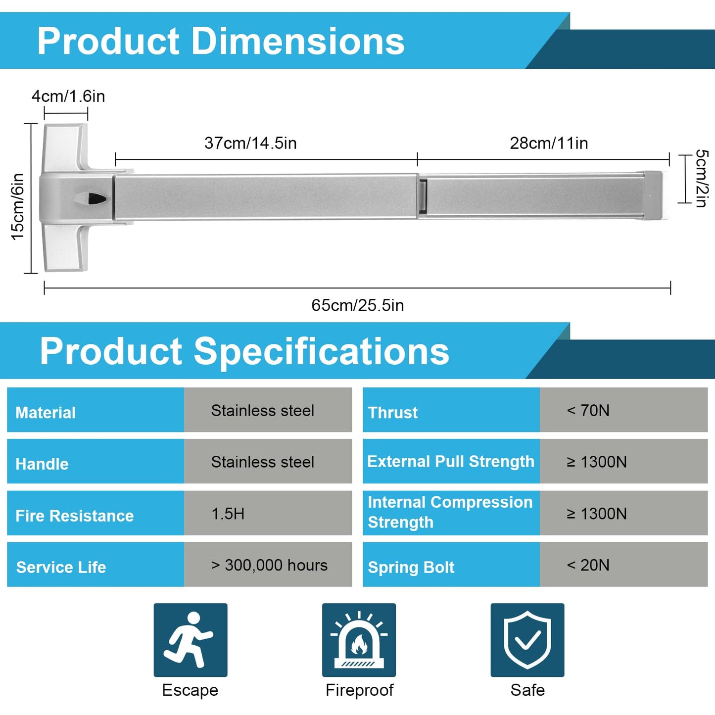 25.5" Commercial Panic Exit Device - Stainless Steel Push Bar Door Lock for Single/Double Doors, Anti-Corrosion Emergency Exit Hardware (Surface Mount)