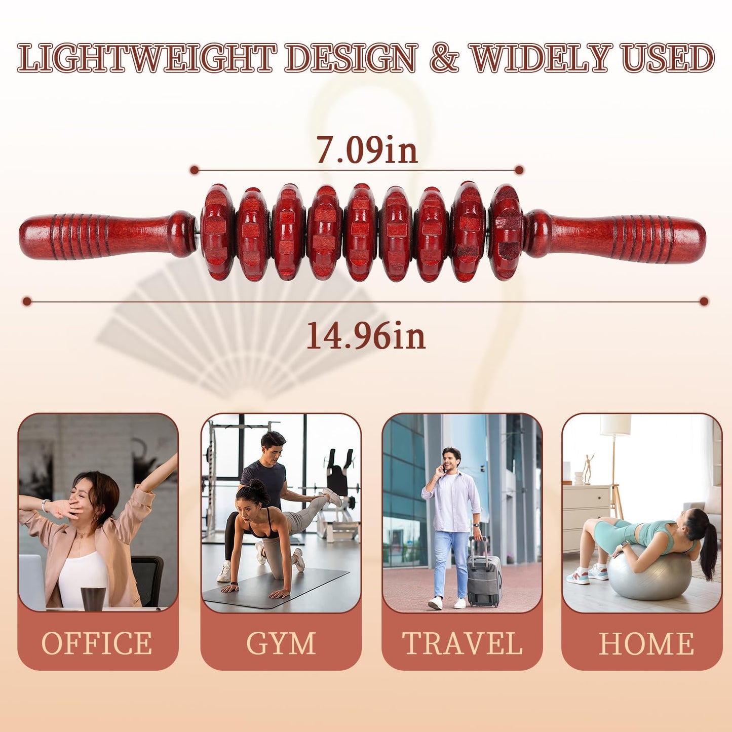 Liitrton Manual Wooden Fascia Massage Roller Trigger Points for Release Cellulite Sore Muscle Blasting (Red straight-9-Wheel)
