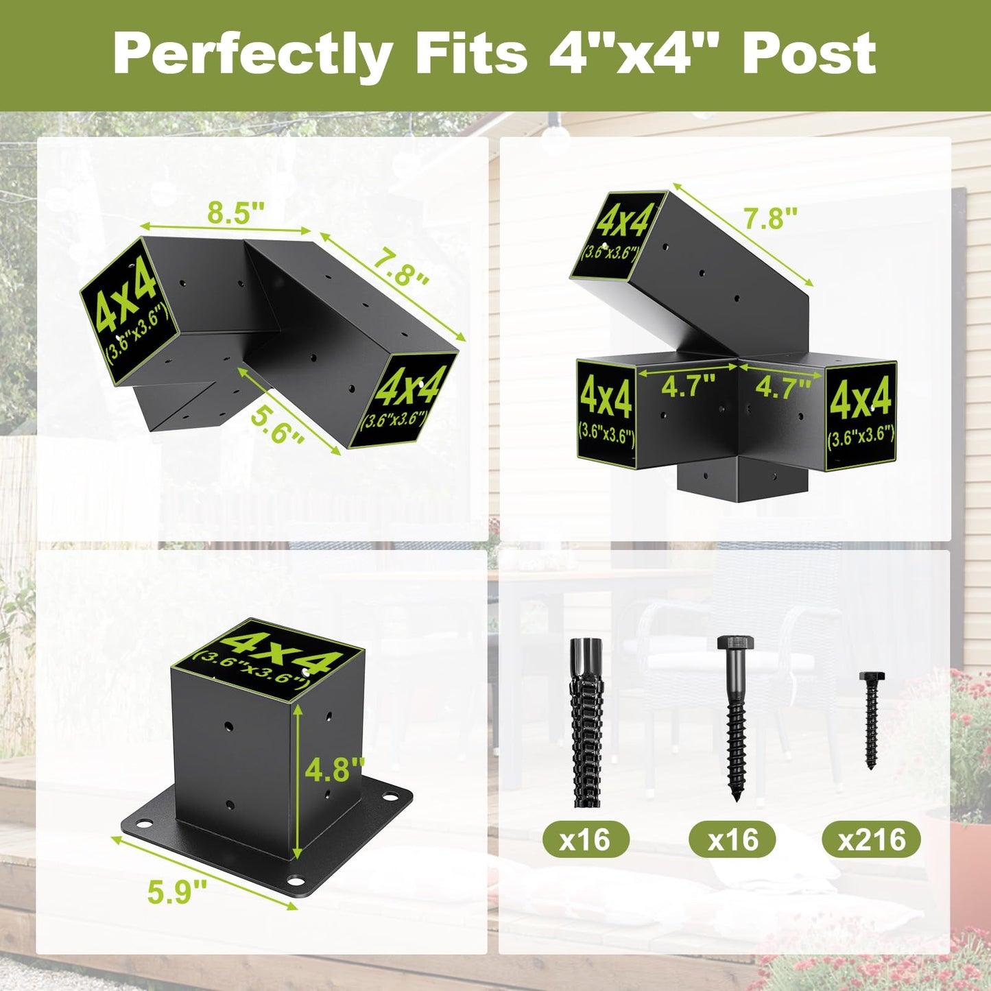 Pergola Kit, 30° Slanted Roof Bracket Set, Roof Wall Mount Extension Bracket Kit,4" x 4" (Actual: 3.5x3.5 Inch) Powder-Coated Pergola Hardware for Porch,Gazebo, Backyard(10pcs)