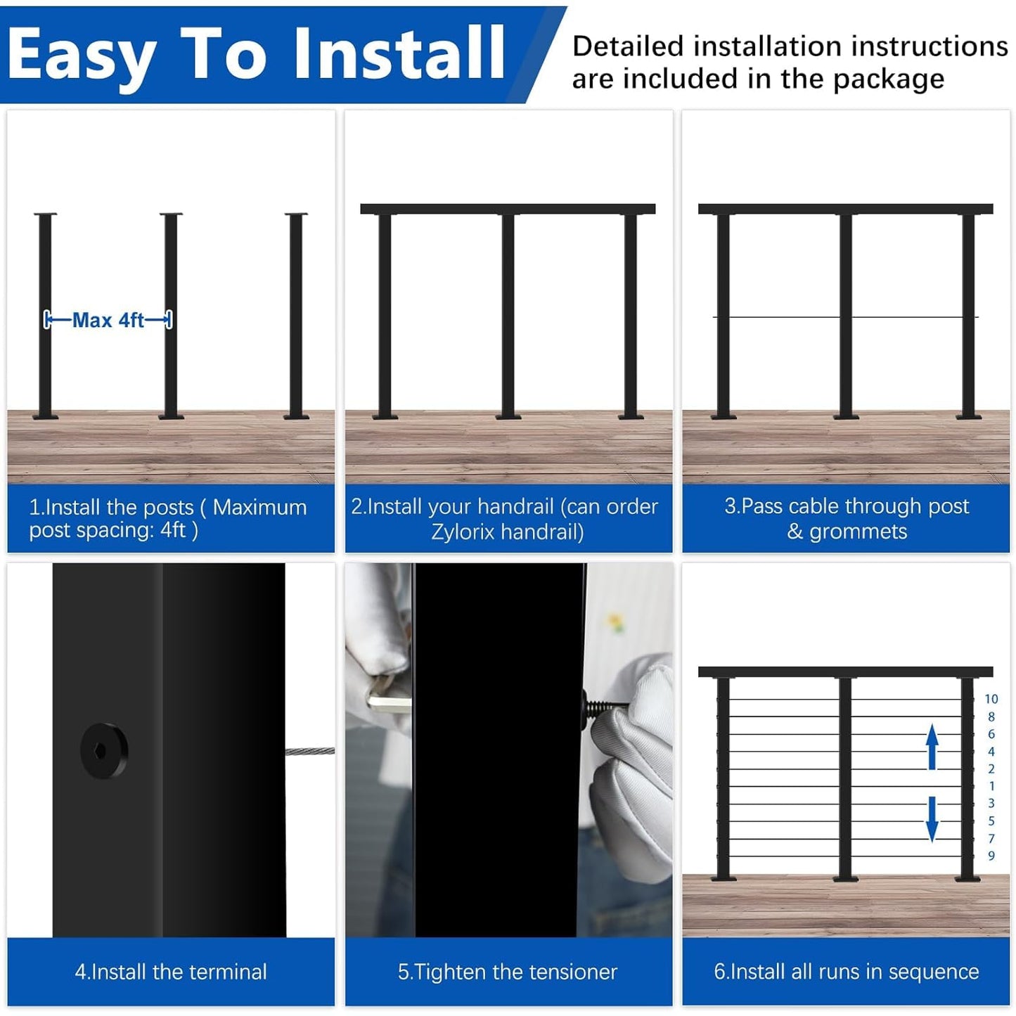 Zylorix 36" Modular 20-24FT Black T304 Cable Railing Post Kit, Complete Cable Railing System with 6 Level Posts & 259ft 1/8" Wire Rope(No Handrail), Adjustable Length Easy DIY for Decks/Porch