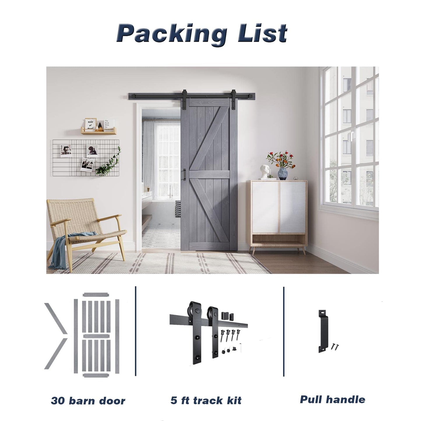 FREDBECK 30in x 84in Gray Wood Barn Door Slab with 5ft (60inch) Barn Door Hardware Track Kit Included, Double Surfaces,Simple Assembly is Required,K-Frame,Grey