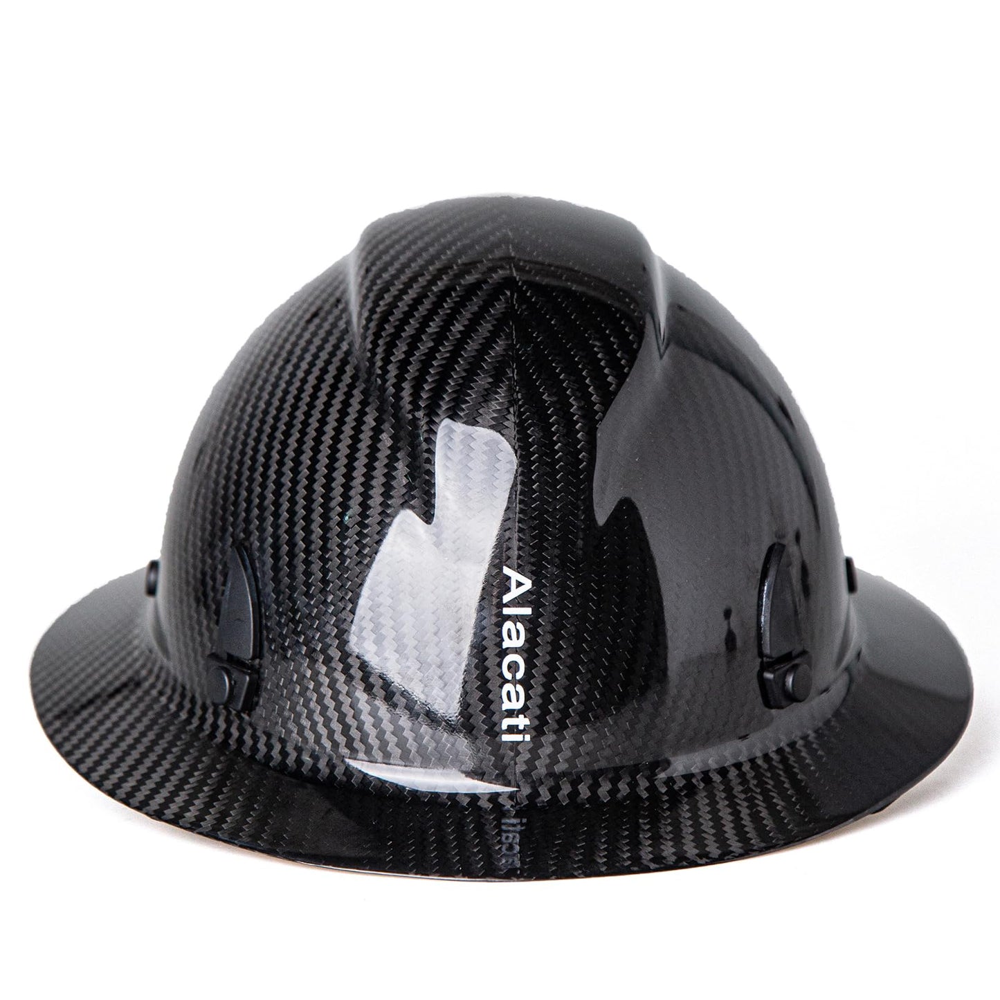 Alacati, Carbon Fiber Hard Hat Full Brim with Goggles- Safety Helmet with 6-Point Adjustable Ratchet Suspension- ANSI Z89.1 Compliant (Black)