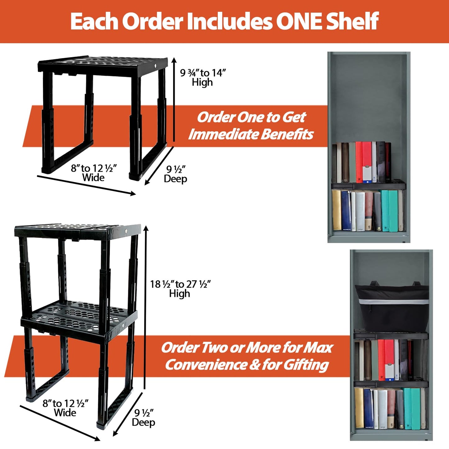 Piffny Locker Organizer Shelf， Adjustable Width and Height, Stackable, Ideal Locker Shelf for School, Office, Gym Lockers, or Even Kitchen Cabinets & Under Sink Organization (Black),(PLKSLF01)