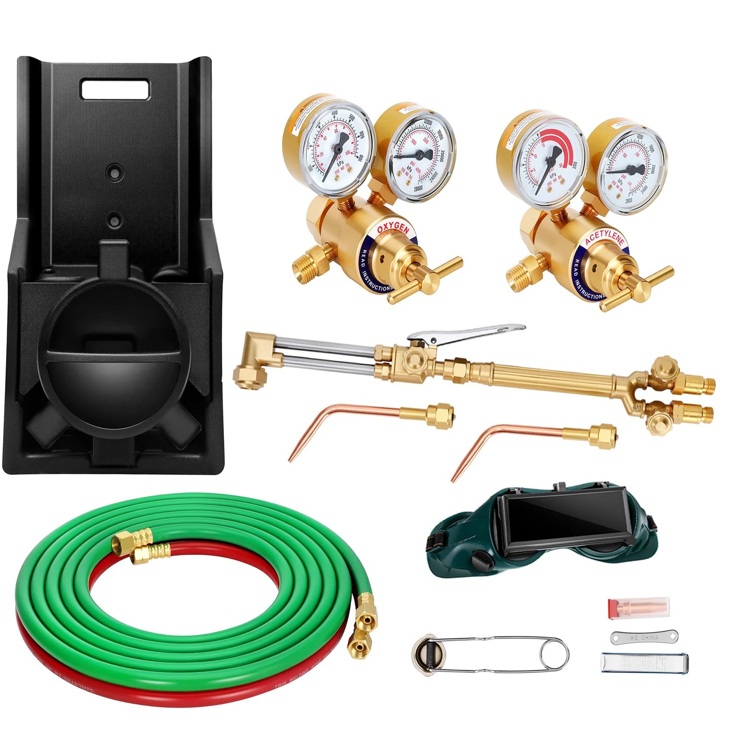 17 Piece Medium Duty Oxy Acetylene Gas Welding Outfit Tote Kit without Tanks with CGA540 Oxygen Regulator and CGA200 Acetylene Regulator for Welding,Cutting, Brazing and Heating