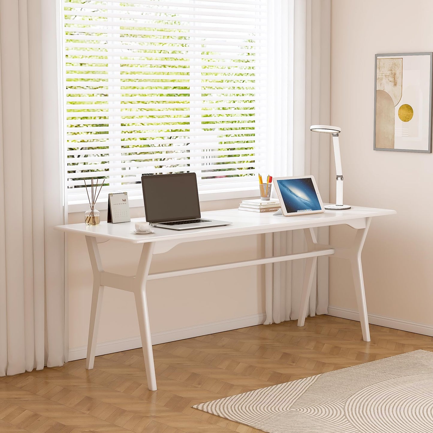 OSCHF Solid Wood Study Desk - 63" Double Long Computer Table for Home Office, 2-Person PC Workstation, White