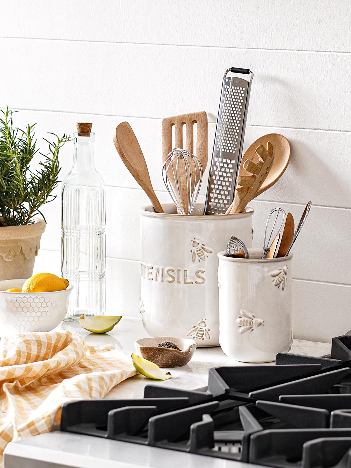 LE TAUCI Utensil Holder for Kitchen Counter - 6.9"+5.3" Ceramic Kitchen Utensil Holder Set of 2, Large Cooking Utensil Crock & Organizer for Spatula, Spoon - Embossed Kitchen Decor, White,Bee
