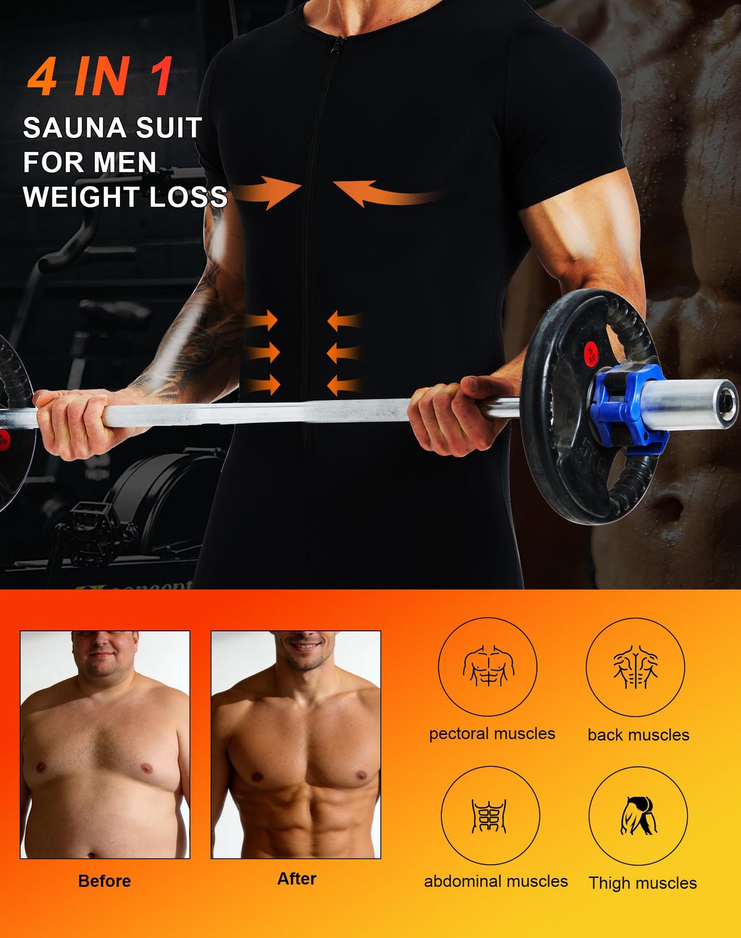 BXVX Sauna Suit for Men Full Body 4 in 1 Slimming Waist Trainer Sweat Veat Shirt Shorts Jumpsuit for Working Out S