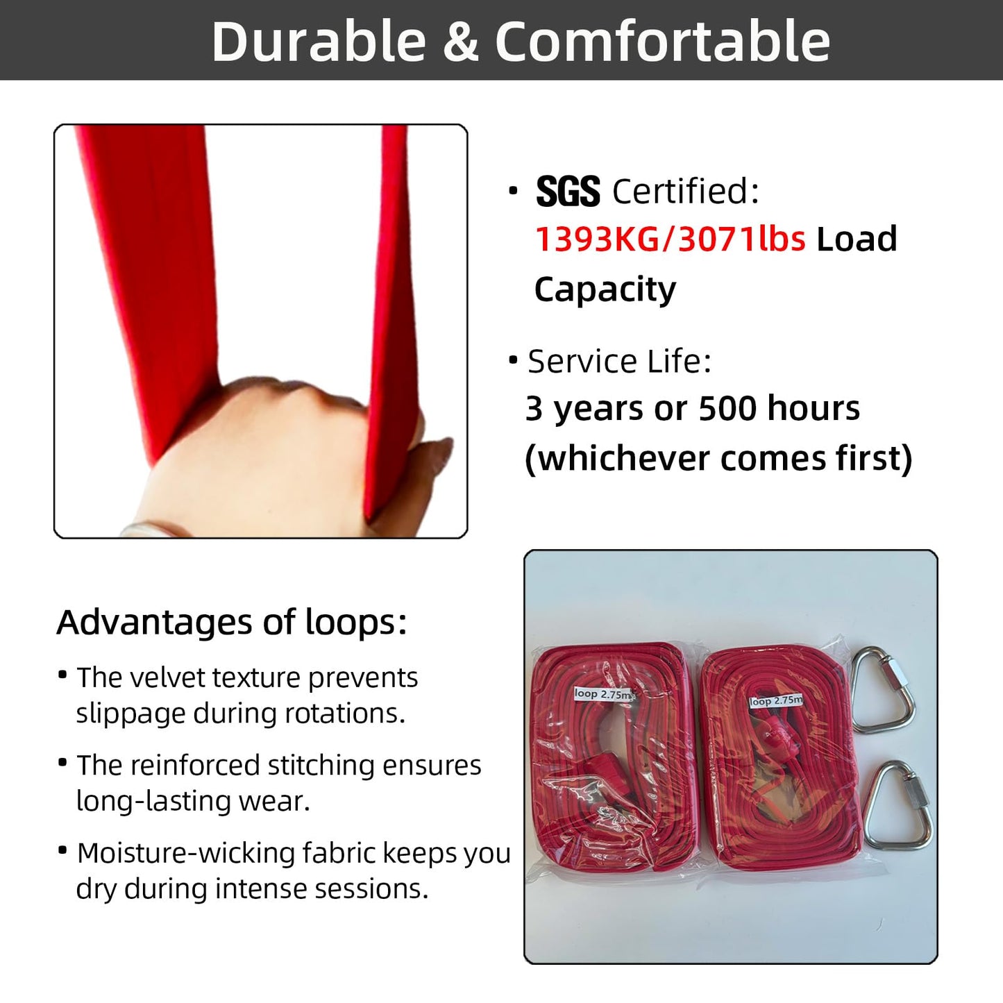 PRIOR FITNESS Aerial Loops Kit, Premium Red Circus Loops w/SGS Certificate, 2.75m/9ft Round Ropes (Pair) for Aerial Gymnastics, Circus Artists, Trapeze & Acrobatics with Wrist Lockers & Carabiners