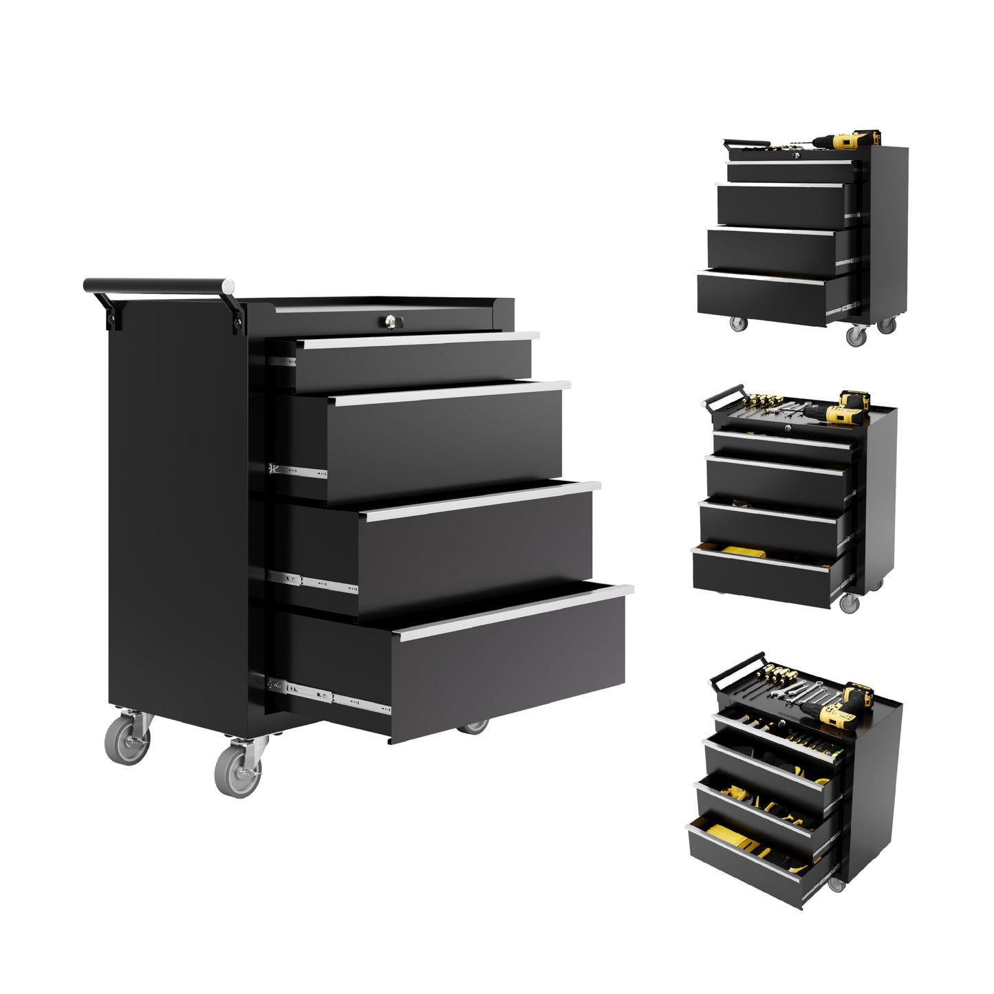 IDEALHOUSE Rolling Tool Chest, 4 Drawers Tool Storage Cabinet, Toolbox with Wheels, Portable Tool Cabinet Organizer with Locking System & Drawer Liners, Tool Storage Cart for Garage, Workshop, Black