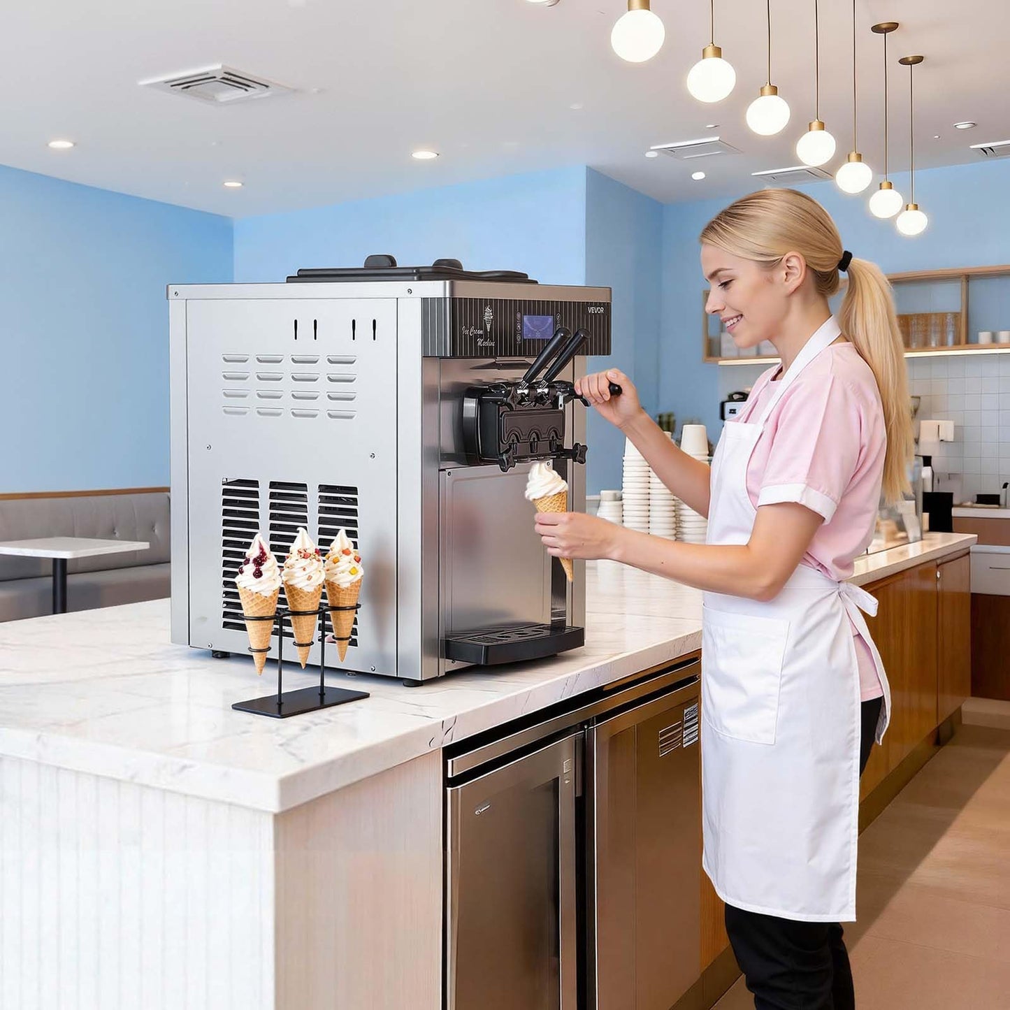 VEVOR Commercial Ice Cream Machine, 20-28L/H Yield, 2200W 3-Flavor Countertop Soft Serve Ice Cream Maker with 2 x 6L Hoppers & Hopper Agitation, Pre-Cooling Self-Cleaning for Snack Dessert Shops