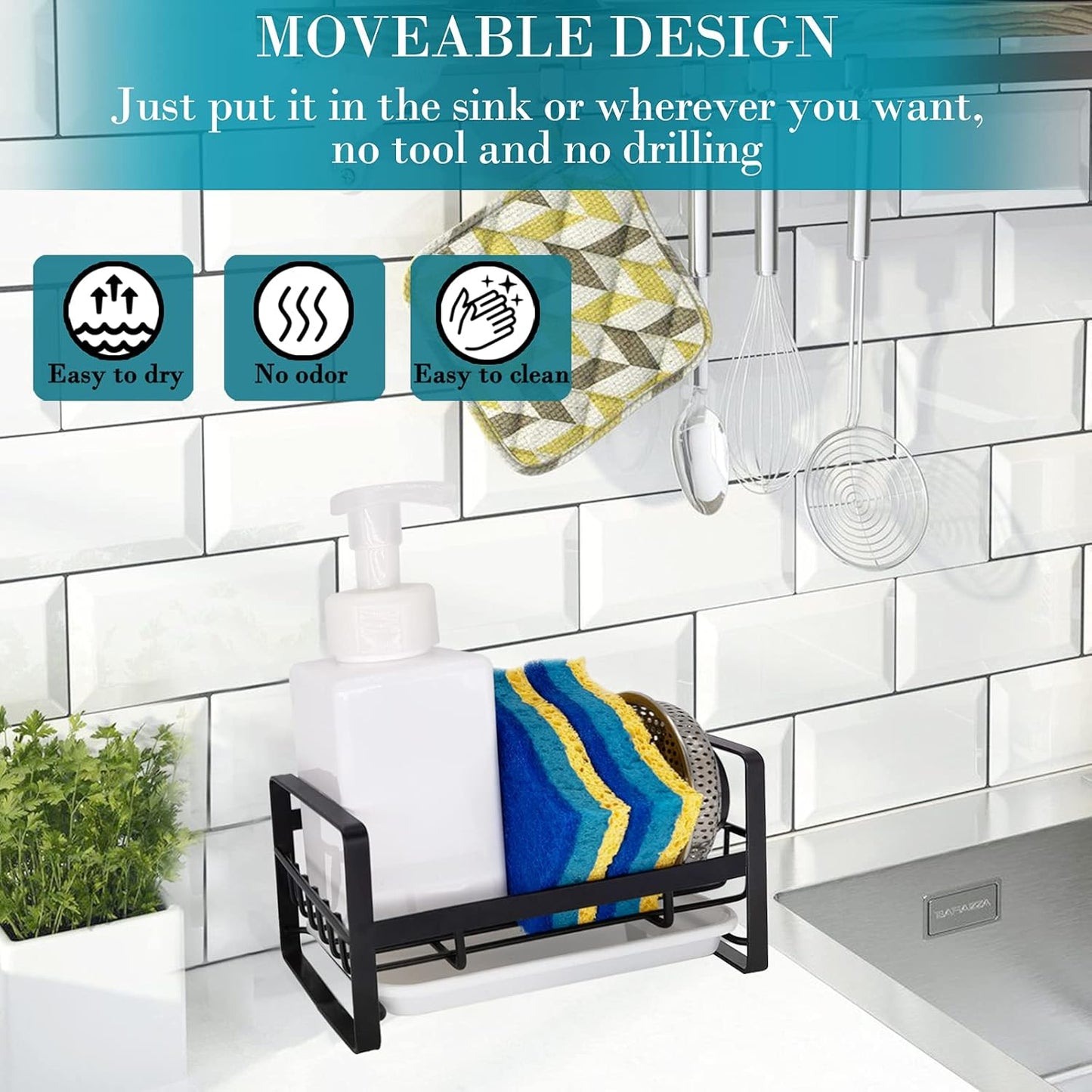 VANTEN Kitchen Sink Caddy - Matte Black Stainless Steel Sponge Holder & Soap Dish Organizer | Wall Mount or Countertop