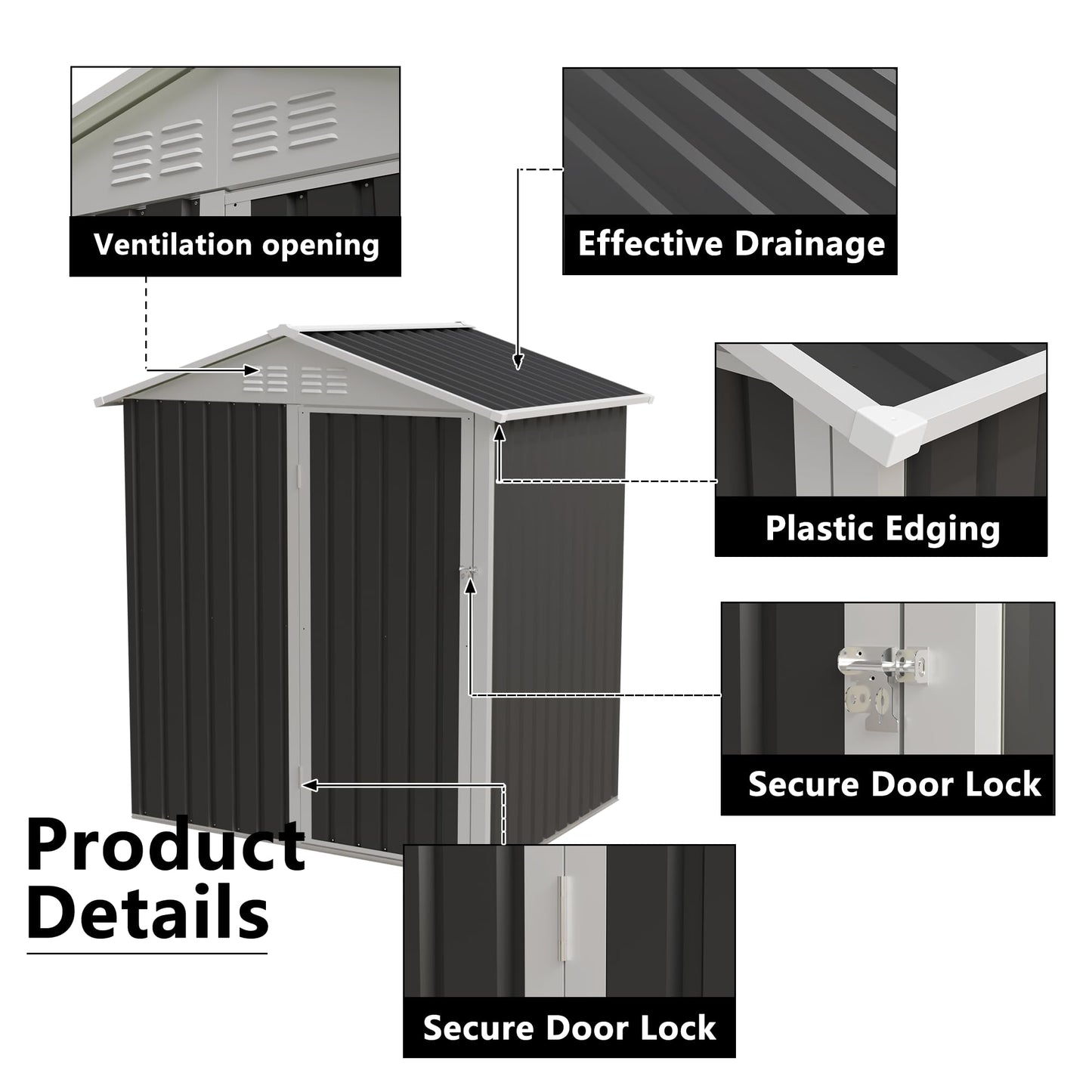 YOPTO 5.4x4.27 FT Outdoor Storage Shed, Metal Garden Tool Shed with Sloping Roof and Lockable Doors for Backyard Garden Patio Lawn, Grey