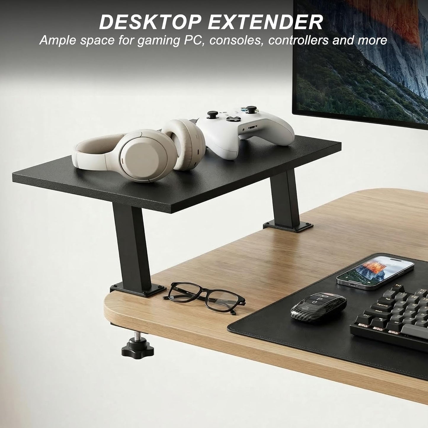 15-Inch 2-in-1 44 lbs, Setup Desktop Clamp-on Shelf & Monitor Riser, Reversible Design Fits Either Side of Desk