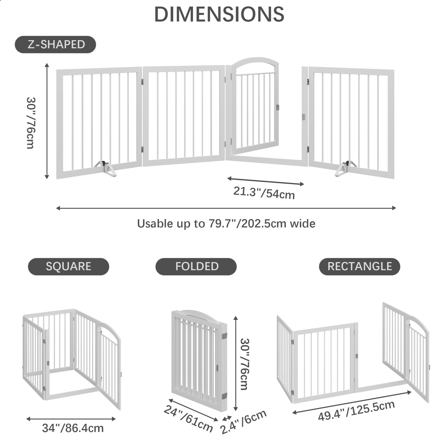 JSB 96-inch Extra Wide 30-inch Tall Dog gate with Door Walk Through, Freestanding Round Tube Pet Gate for Halls Stairs, Puppy Safety Dog Fence with 2PCS Support Feet (White)