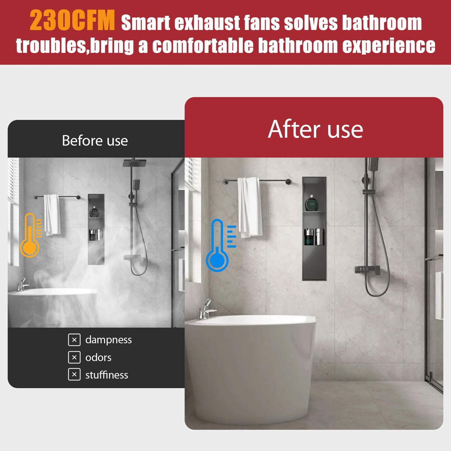 Bathroom Exhaust Fan with Bluetooth Speaker, Bathroom Fan Light, 230 CFM 1.0 Sone, Strong Wind Force & Very Quiet, Noise-cancelling Bluetooth speakers, 7 color dynamic lighting, Play Easy Install