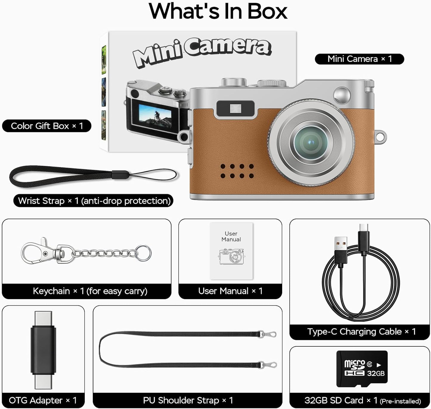 Dienspeak 1080P 12MP 32GB Mini Retro Camera with Video, Photos, Keychain Digital Camera, Ultra-Compact Tiny Camera
