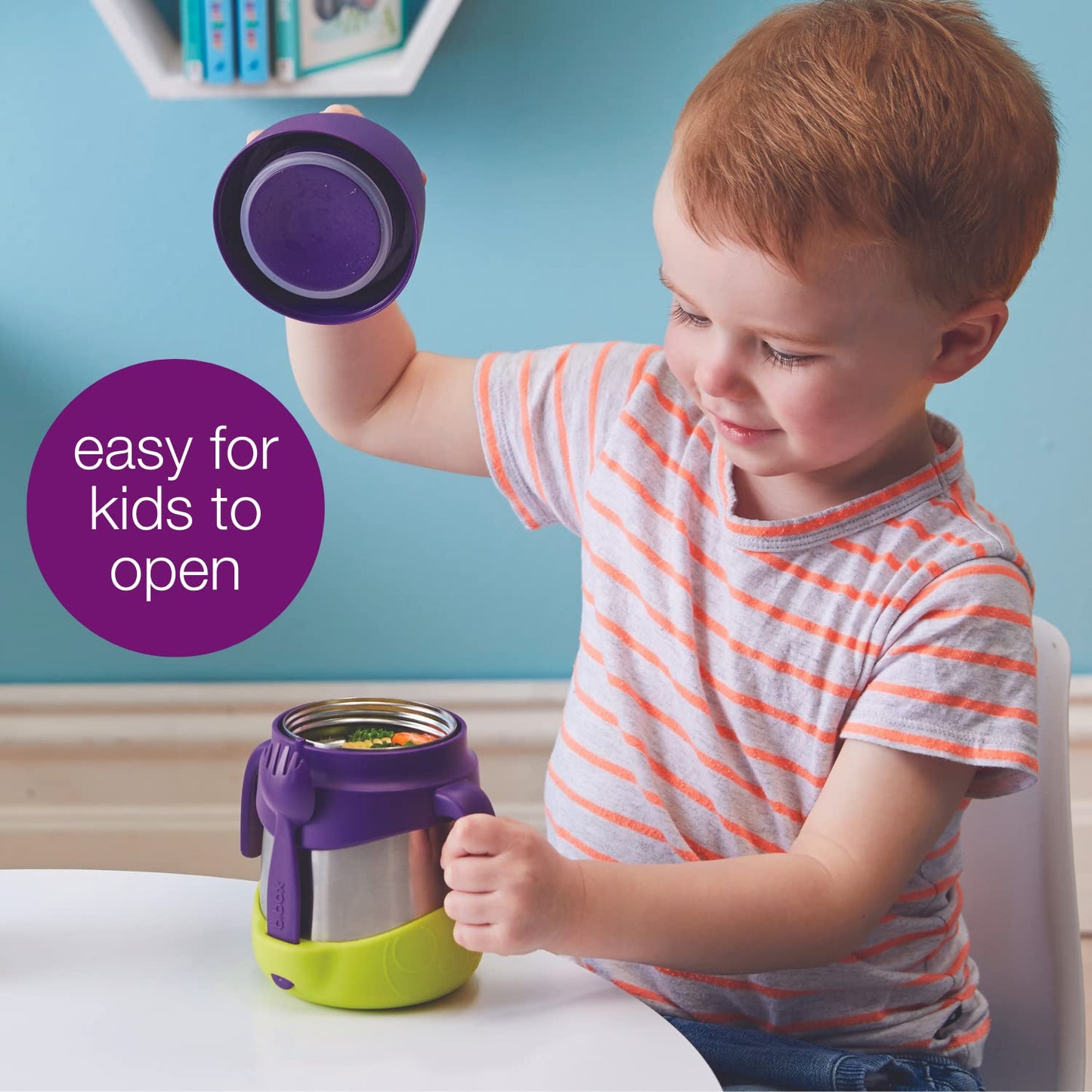 b.box Insulated Food Jar with Spork for Toddlers | Easy Open Container | Stainless Steel, 5hrs+ of Perfect Temperatures | Dishwasher Safe, BPA Free (Blue Slate, 11 oz)