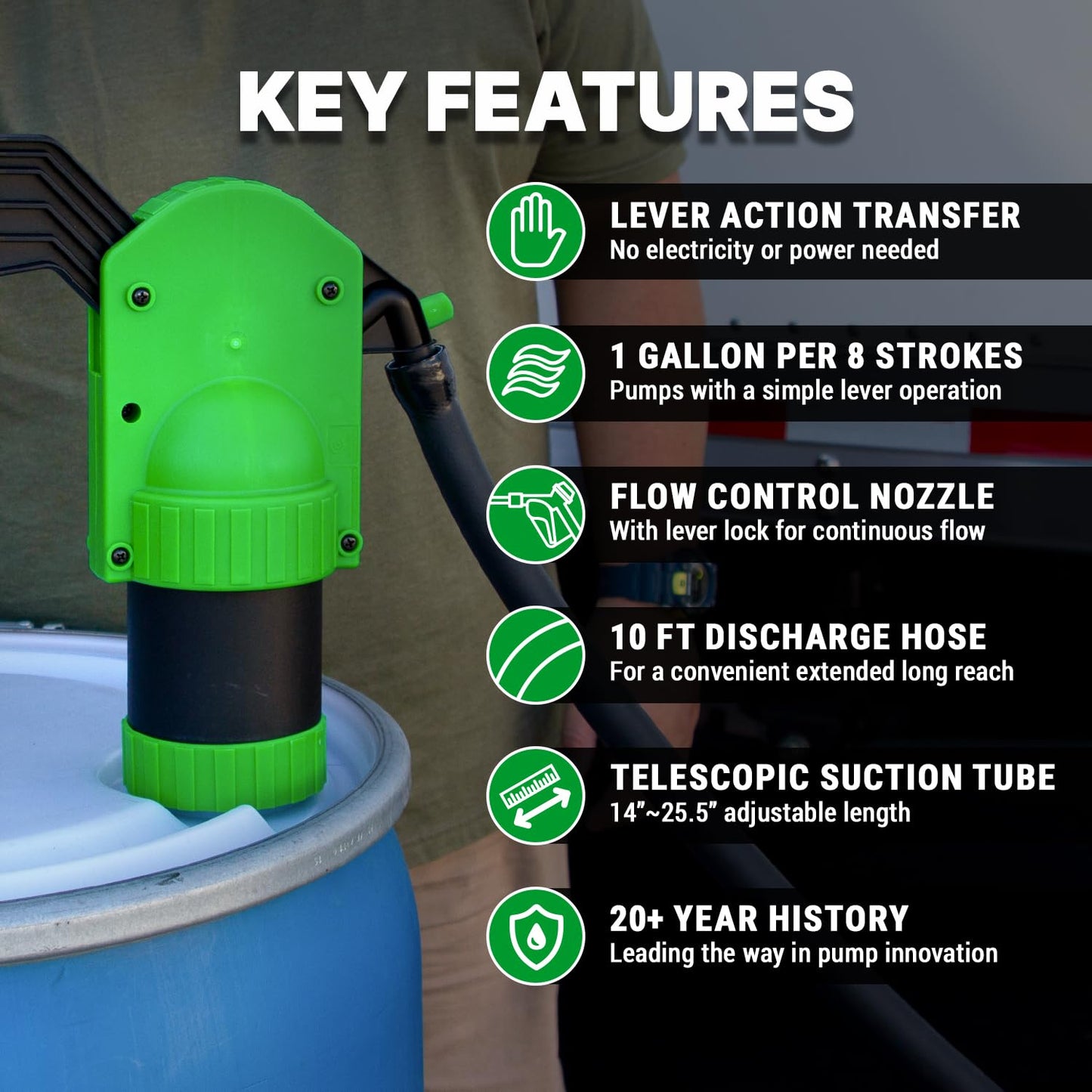 TERA PUMP Manual Lever Action Pump w/Gas Pump Style Nozzle for DEF, Antifreeze, Windshield Washer & Agricultural Chemicals, 15-55 Gallon Drum Barrel Pump w/ 10 ft Hose (8 oz per Stroke)