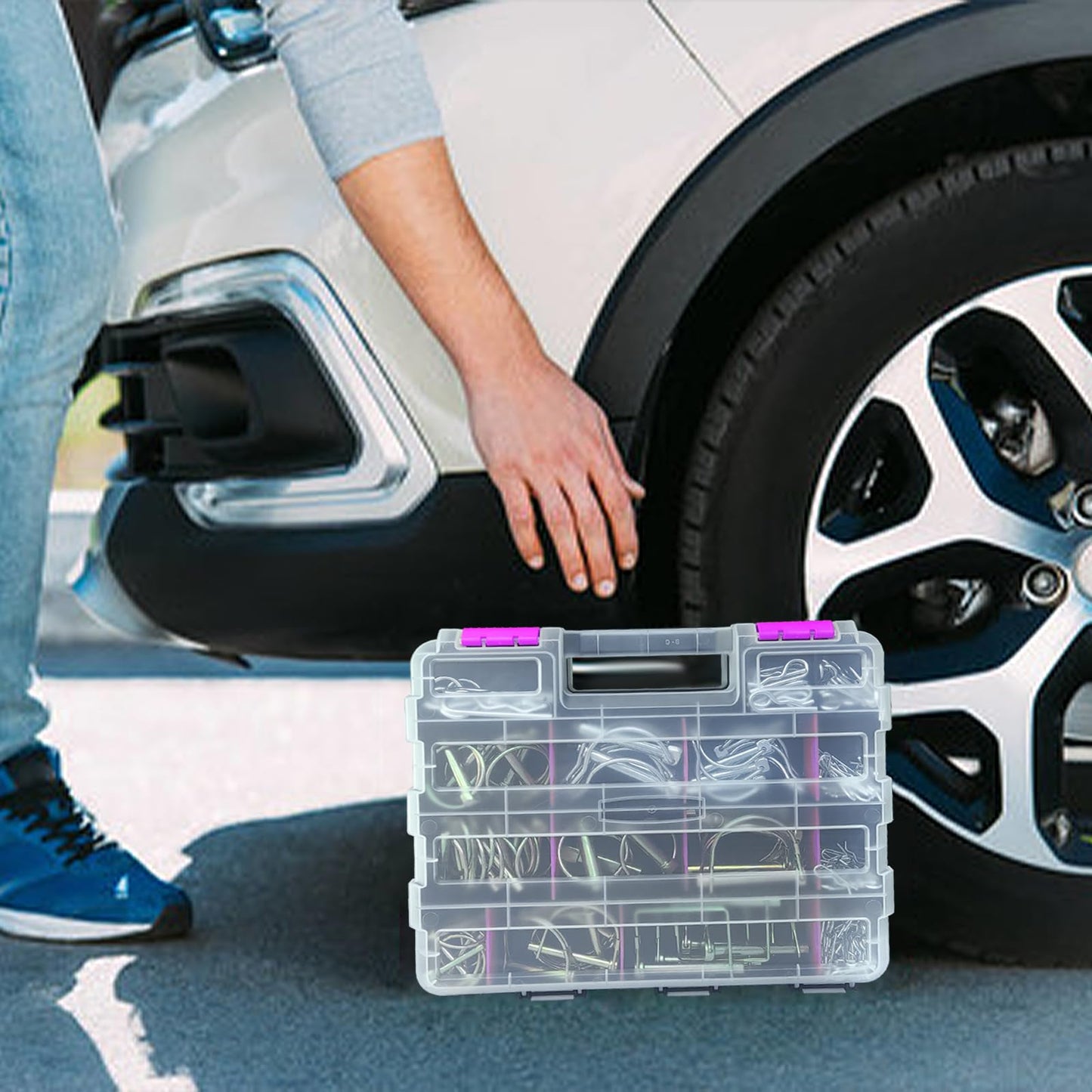 Tools Organizer Box Small Parts Storage Box 50-Compartment Double Side Hardware Organizers with Removable Plastic Dividers for Screws, Nuts, Nails, Bolts, Purple