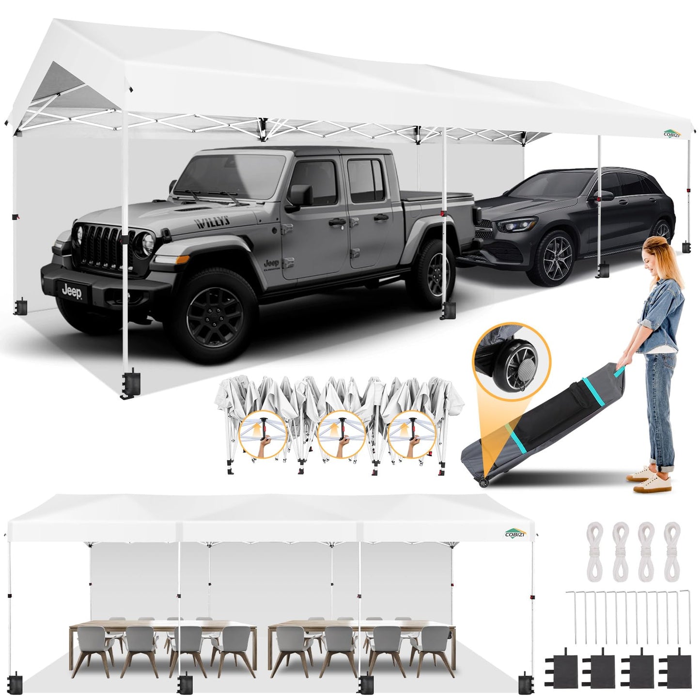 COBIZI Carport 10x30 Pop Up Canopy Car Tent with One Push Center Lock, Outdoor Portable Garage Tents for Parties UPF50+ Waterproof All-Season Car Canopy with Wheeled Bag,3 Sidewalls, Adjustable Height