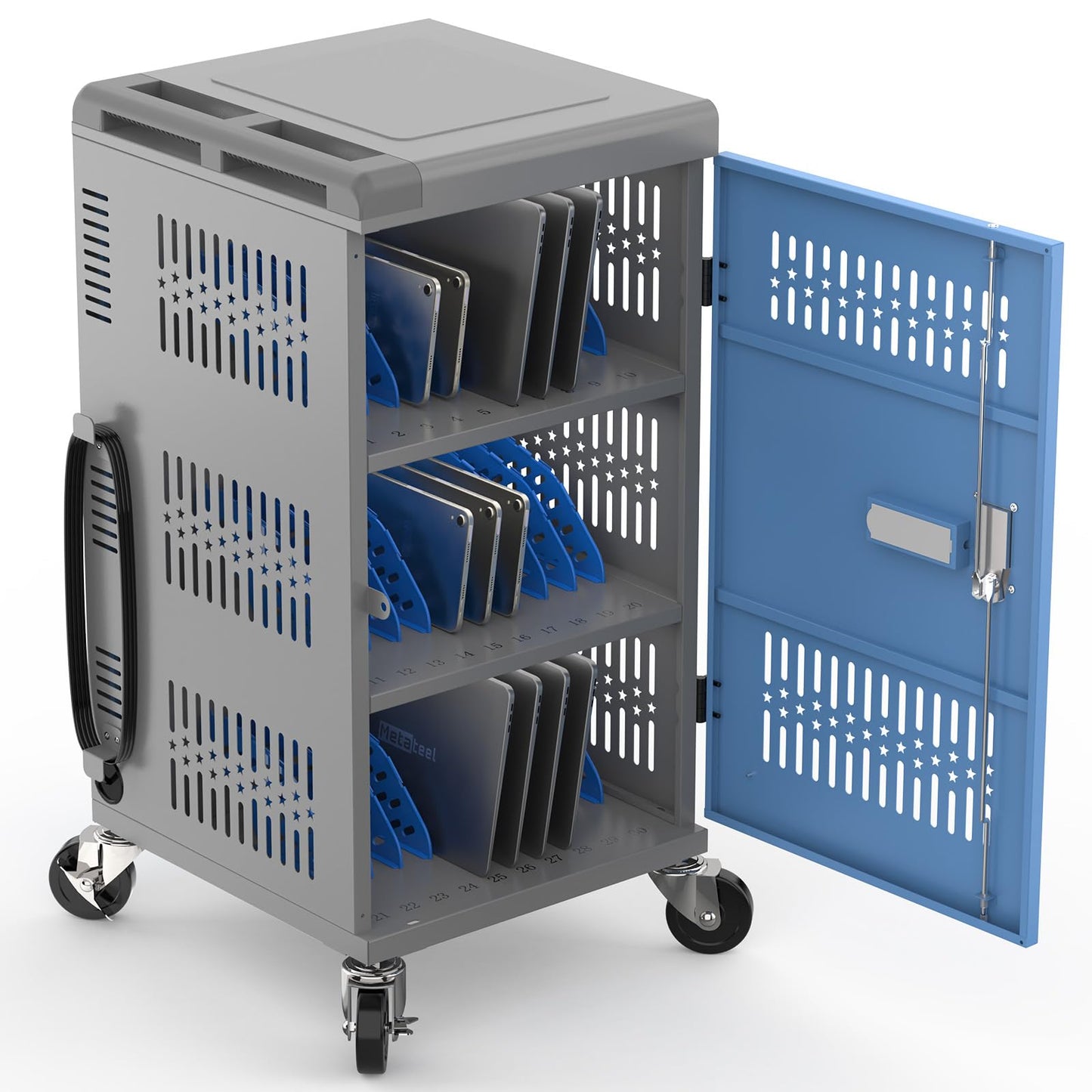 MetaTeel Laptop Cart on Wheels, Fully Assembled 30 Device Charging Cart with Lockable Door, Fits Devices for Laptops, iPads, Chromebooks Up to 14-inch, Ideal for School, Office & Educational Use